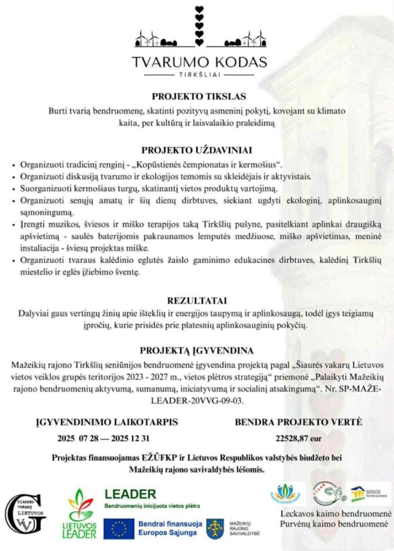 TVARUMO KODAS TIRKŠLIAI